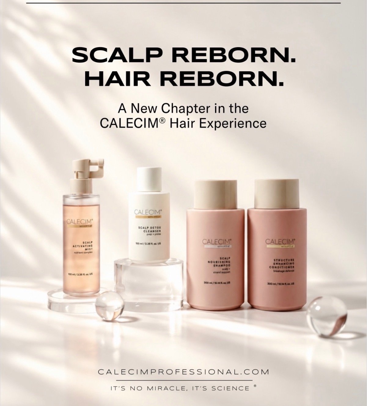 The CALECIM Professional hair range: Scalp Activating Mist, Scalp Detox Cleanser, Scalp Nourishing Shampoo and Structure Enhancing Conditioner