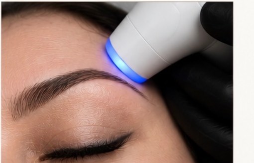 Gentle Ultra plus handpiece being passed over the eyebrow during an eyebrow hair restoration session