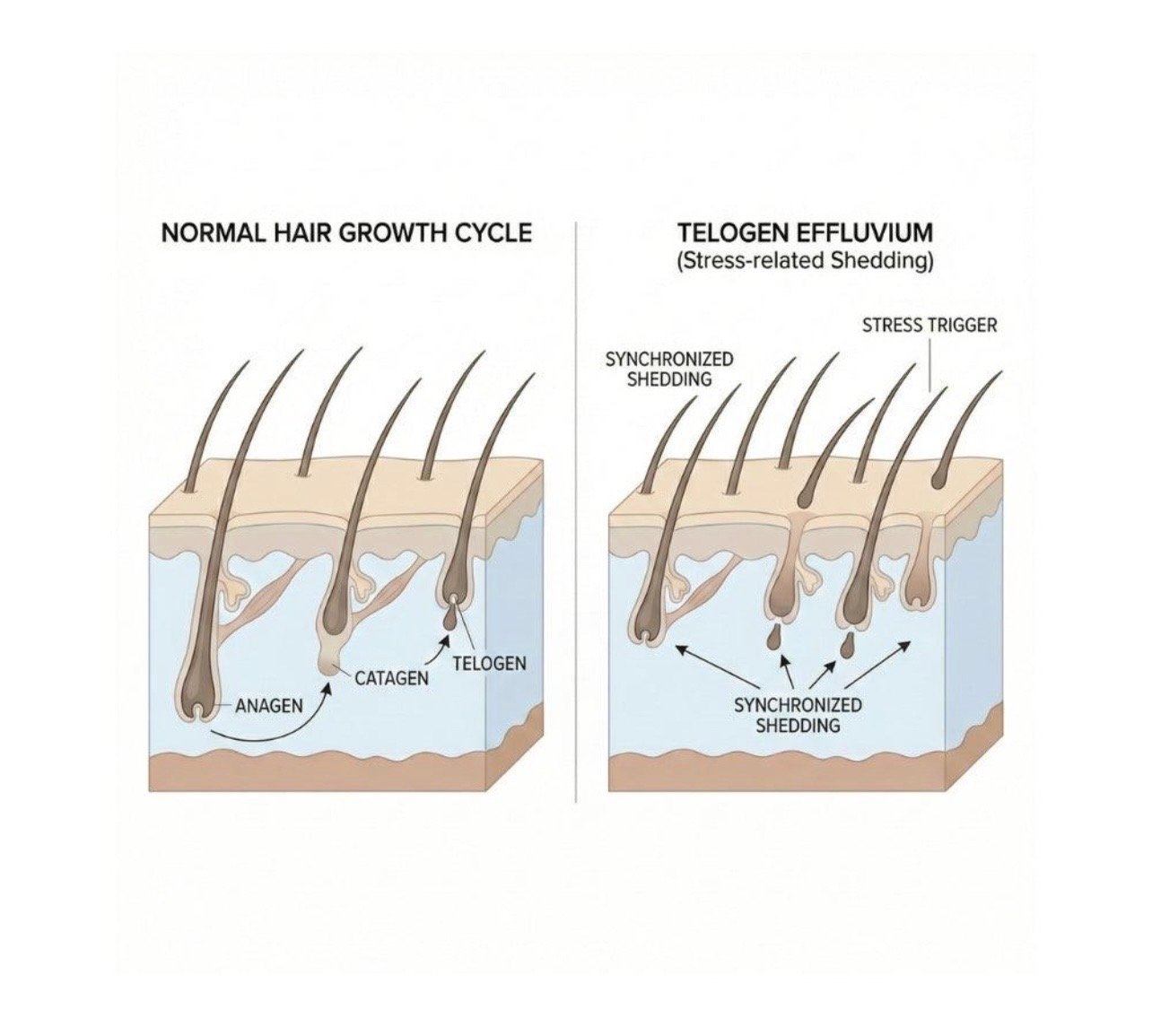 Diagram comparing the normal hair growth cycle of anagen, catagen and telogen with telogen effluvium, where a stress trigger pushes many follicles into synchronized shedding