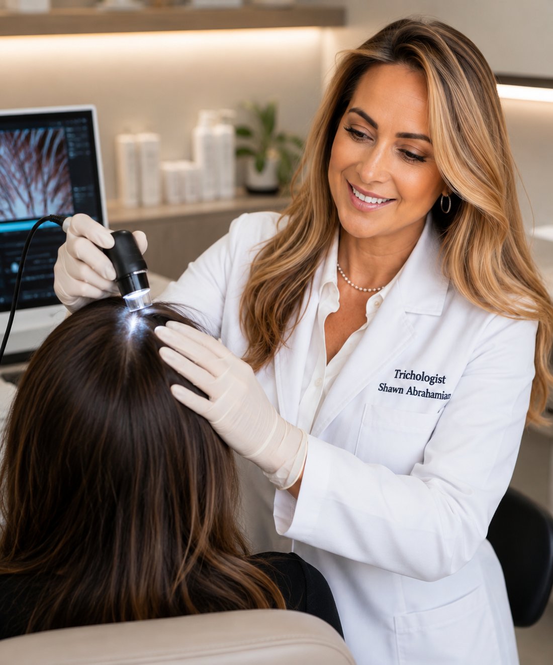Shawn Abrahamian performing a trichoscope scalp analysis on a client