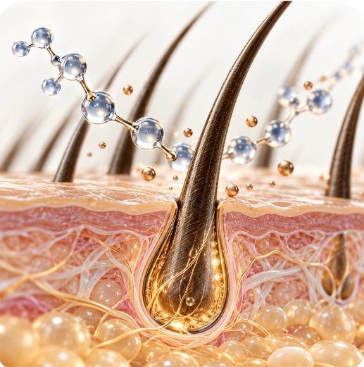 Cross-section illustration of a hair follicle in the scalp with peptide molecules above the skin surface