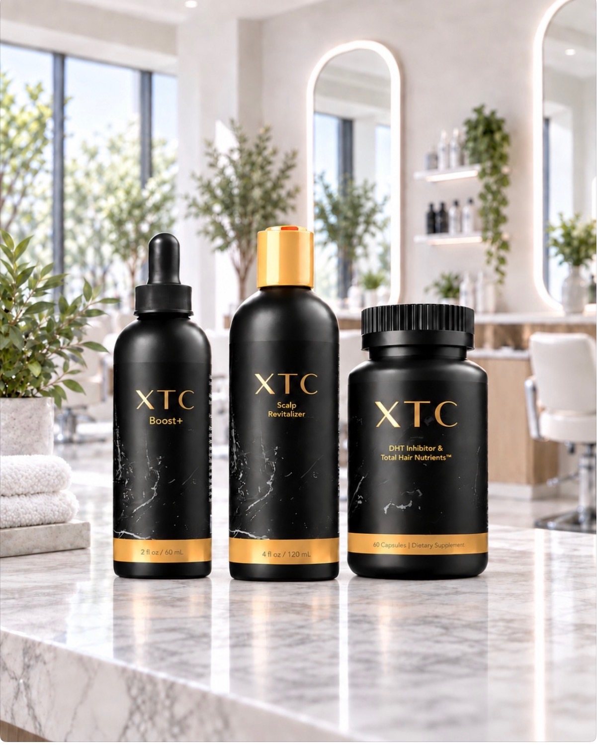 Three XTC products on a marble counter: Boost+ dropper bottle, Scalp Revitalizer, and the DHT Inhibitor and Total Hair Nutrients supplement